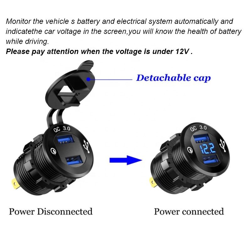 Waterproof Aluminum Quick Charge Power Outlet Dual 3.0 USB Car Power Socket with LED Voltmeter