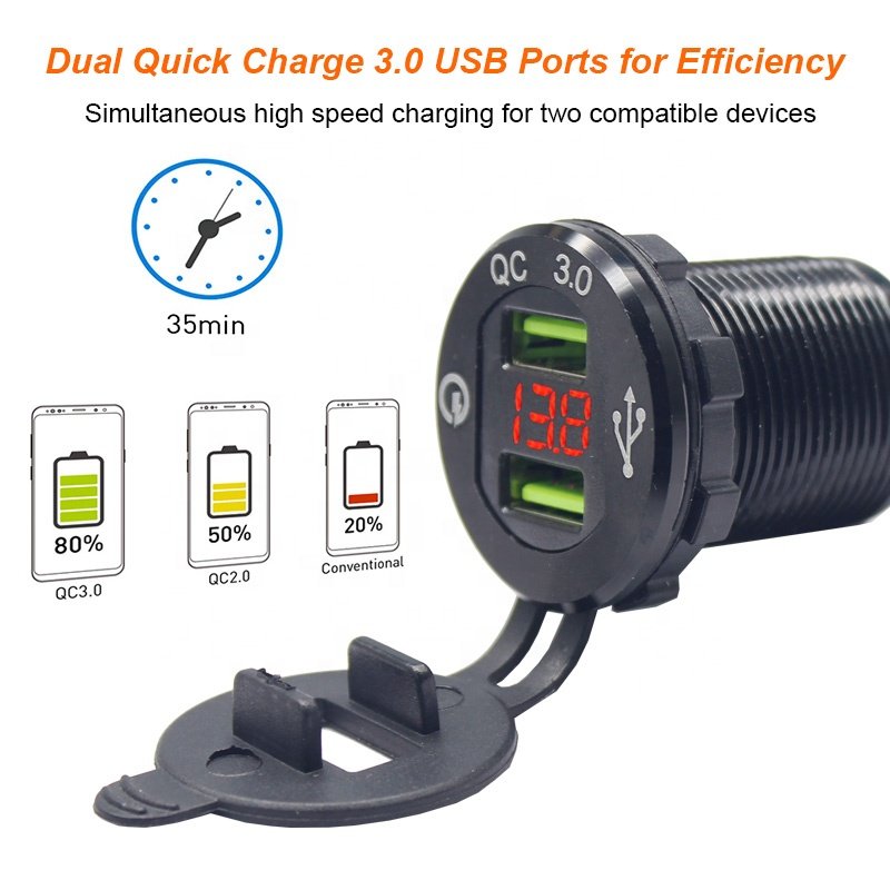 Waterproof Aluminum Quick Charge Power Outlet Dual 3.0 USB Car Power Socket with LED Voltmeter