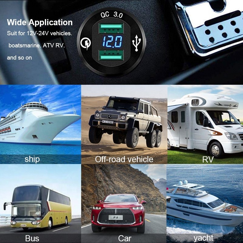 Waterproof Aluminum Quick Charge Power Outlet Dual 3.0 USB Car Power Socket with LED Voltmeter