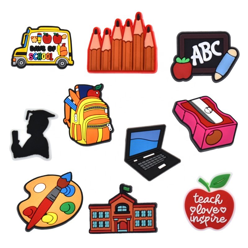 Popular School Things Design Exercise Books Stationery Pen School Bus Compute Pencils Shoe Charms for Teacher Students
