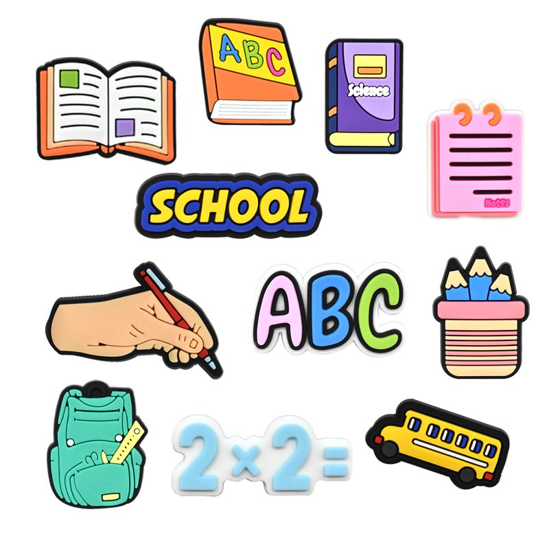 Popular School Things Design Exercise Books Stationery Pen School Bus Compute Pencils Shoe Charms for Teacher Students