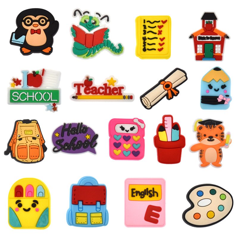 Popular School Things Design Exercise Books Stationery Pen School Bus Compute Pencils Shoe Charms for Teacher Students