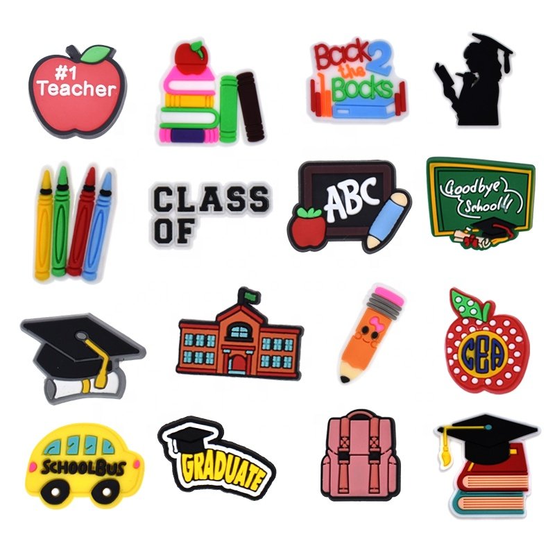 Popular School Things Design Exercise Books Stationery Pen School Bus Compute Pencils Shoe Charms for Teacher Students