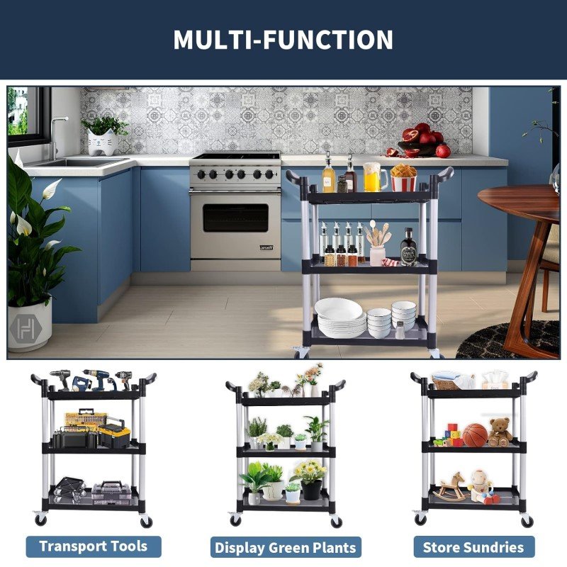 Plastic Multifunctional Food Service Trolley Commercial Catering Kitchen Utility Bussing Cart