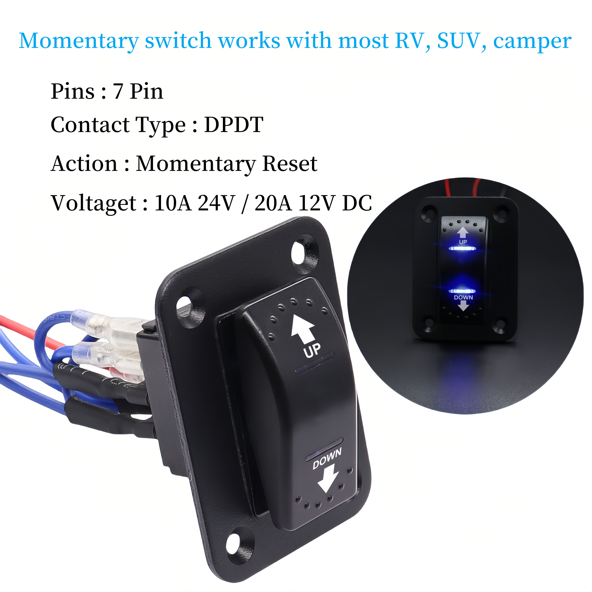 12V 20 Amp Momentary Rocker Switch 7 Pin, DC Motor Control Polarity Reverse Switch, up and Down Arrow Winch Rocker Switch Panel