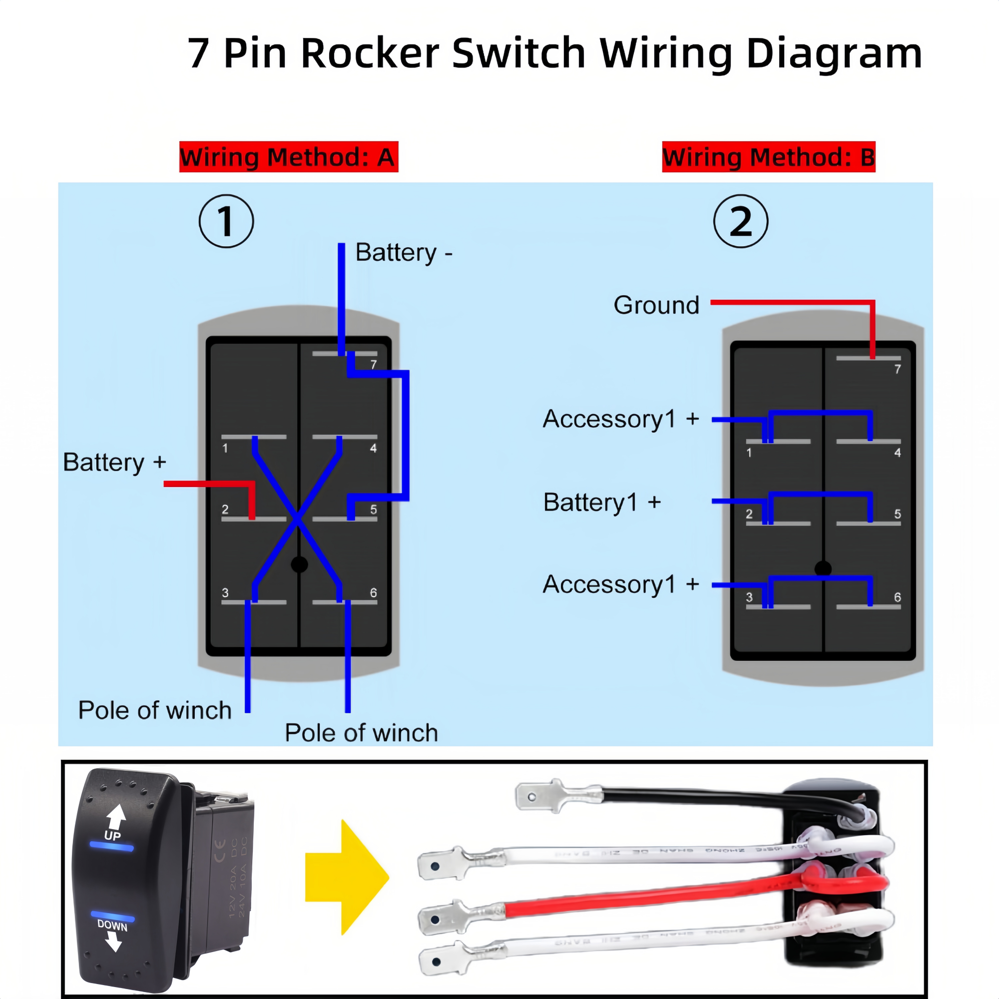 12V 20 Amp Momentary Rocker Switch 7 Pin, DC Motor Control Polarity Reverse Switch, up and Down Arrow Winch Rocker Switch Panel