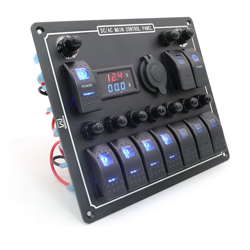 10 Gang Switch Panel for Marine 12V Digital Voltmeter Dual USB Charger Cigarette Lighter Socket Boat Control Panel Switch