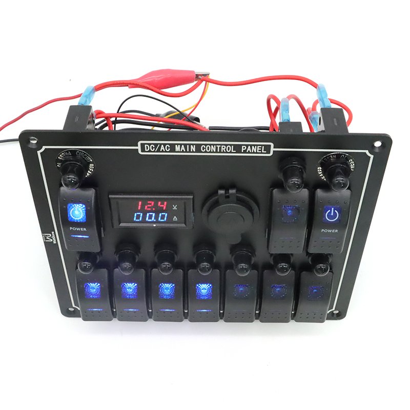 10 Gang Switch Panel for Marine 12V Digital Voltmeter Dual USB Charger Cigarette Lighter Socket Boat Control Panel Switch