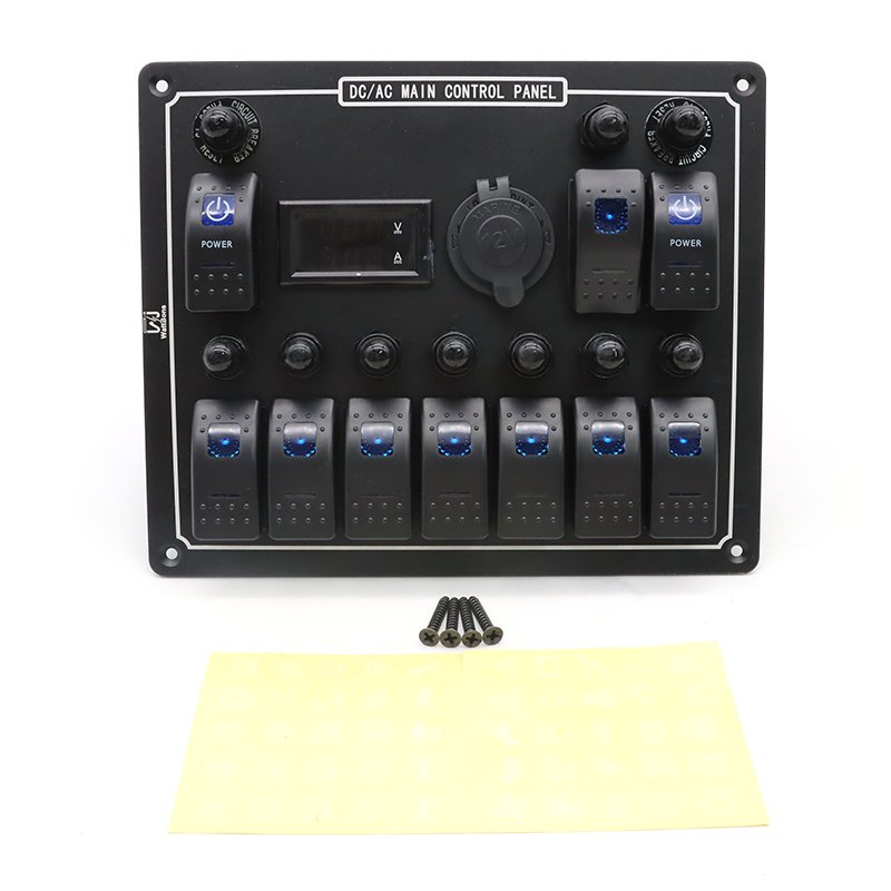 10 Gang Switch Panel for Marine 12V Digital Voltmeter Dual USB Charger Cigarette Lighter Socket Boat Control Panel Switch