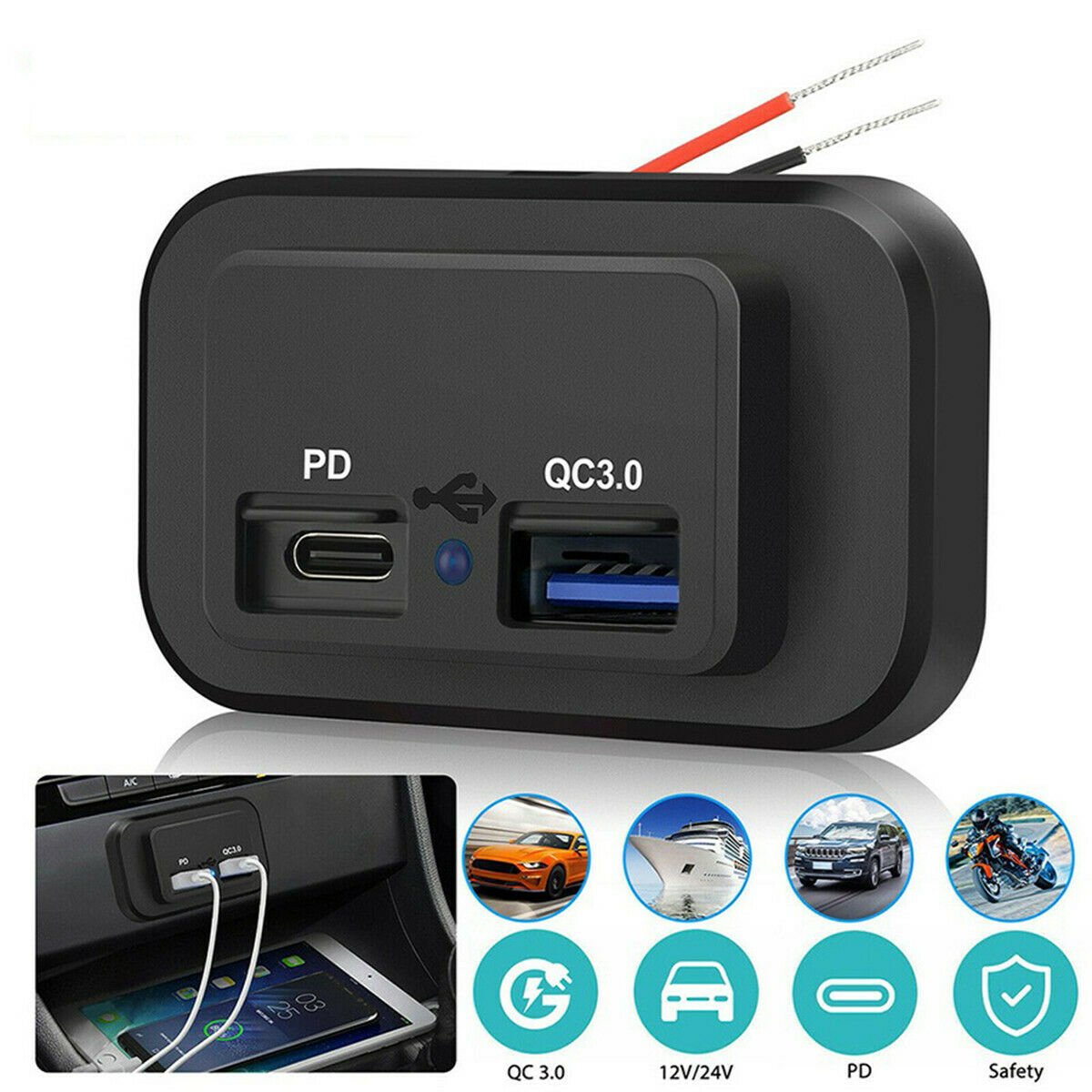 Bus 12/24V PD+QC3.0 Dual Ports Fast Charger Plug Dustproof Power Outlet Accessories