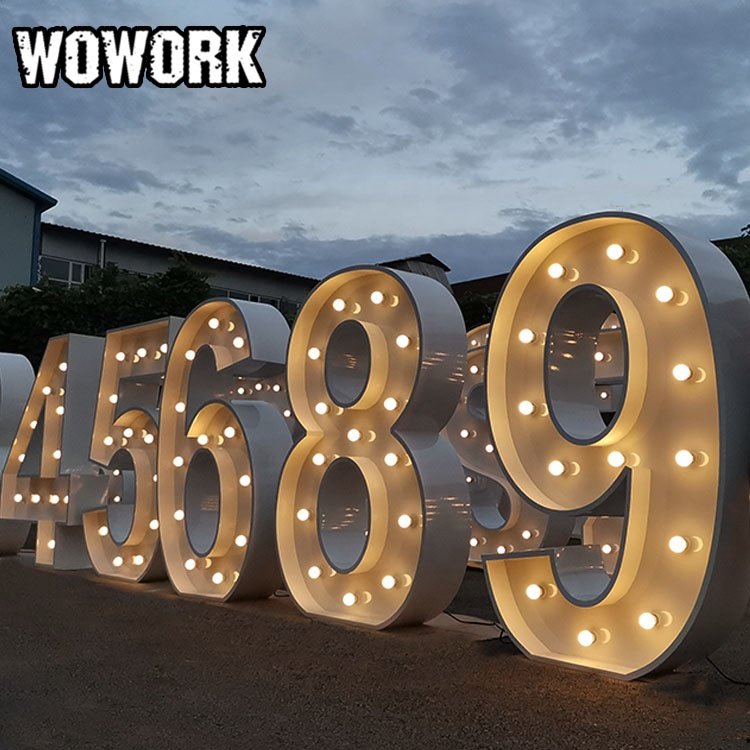 WOWORK Wholesale 4ft 5ft 6ft 3d Iron Metal Numbers Birthday Decoration Stand Giant Light up Marquee Letters for Sale