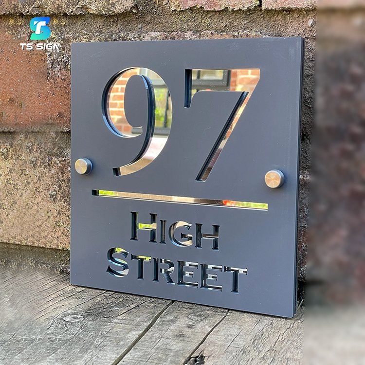 Laser Cut Mirror Text 3D Acrylic Floating House Number Sign Outdoor Street Name Plaque
