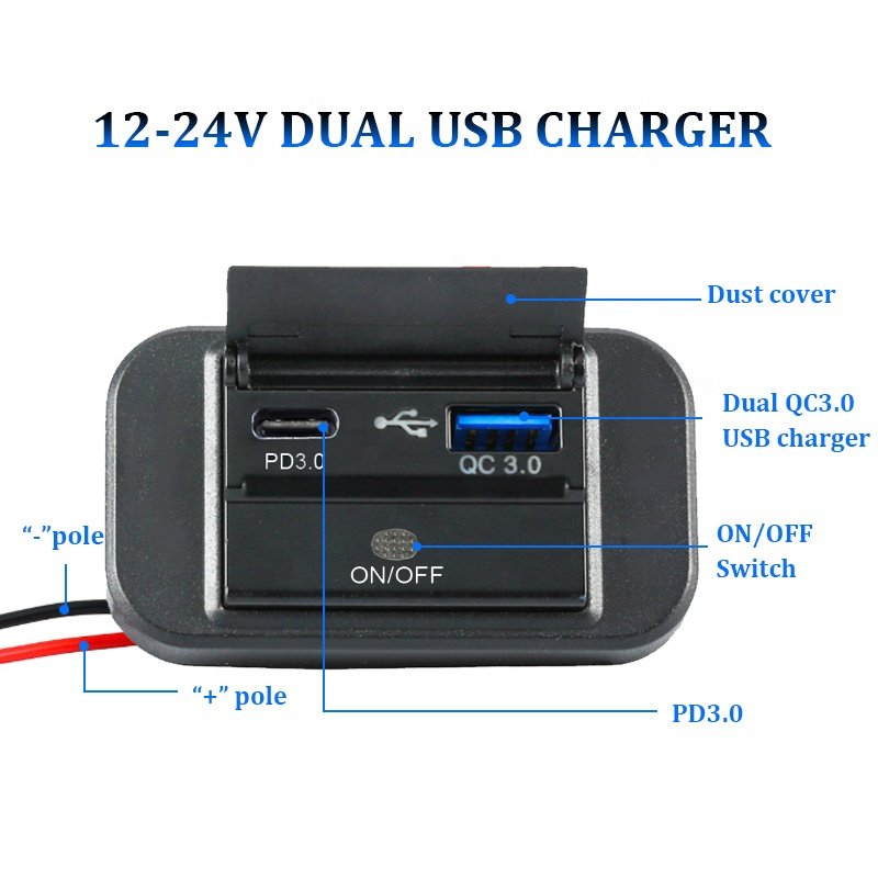 12V Surface Panel Flush Mount on OFF Switch Double USB Port Van Coach Dual Socket Type C PD 30W QC 3.0 Bus USB Charger