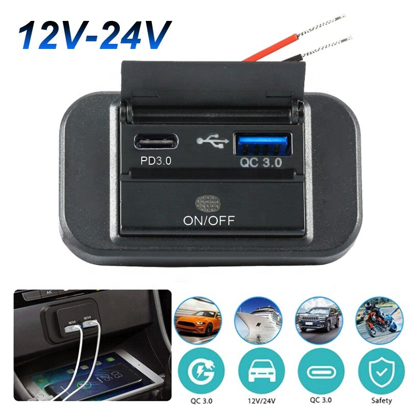 12V Surface Panel Flush Mount on OFF Switch Double USB Port Van Coach Dual Socket Type C PD 30W QC 3.0 Bus USB Charger