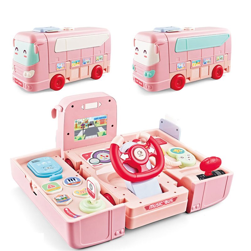Plastic Multi-function Deformation Game Play Set Musical Simulation Steering Wheel School Bus Toy for Children Gift