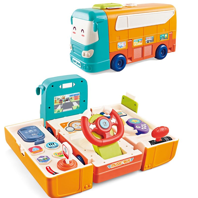 Plastic Multi-function Deformation Game Play Set Musical Simulation Steering Wheel School Bus Toy for Children Gift