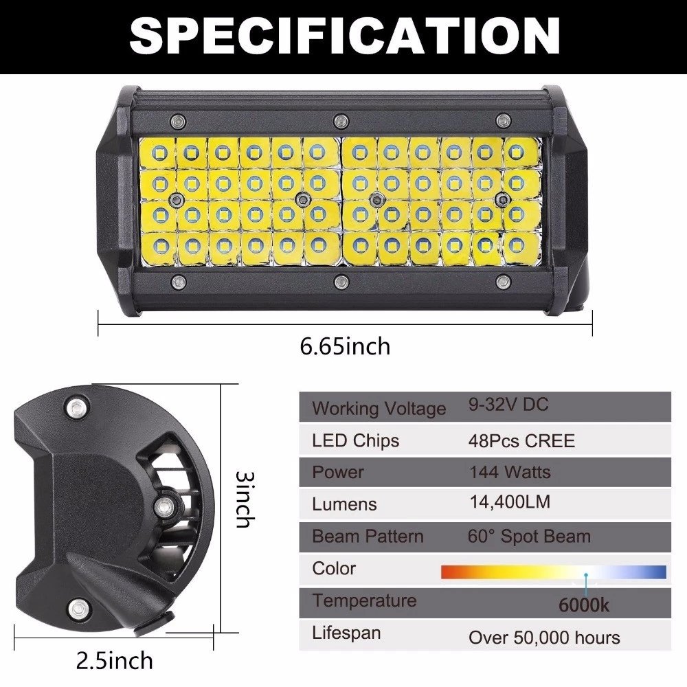 7 Inch 144W Work Light Bar Spot Light Fog Lamp Driving Light Car Accessories for Offroad 4x4 JEEP SUV ATV Truck Bus Boat 12V 24V