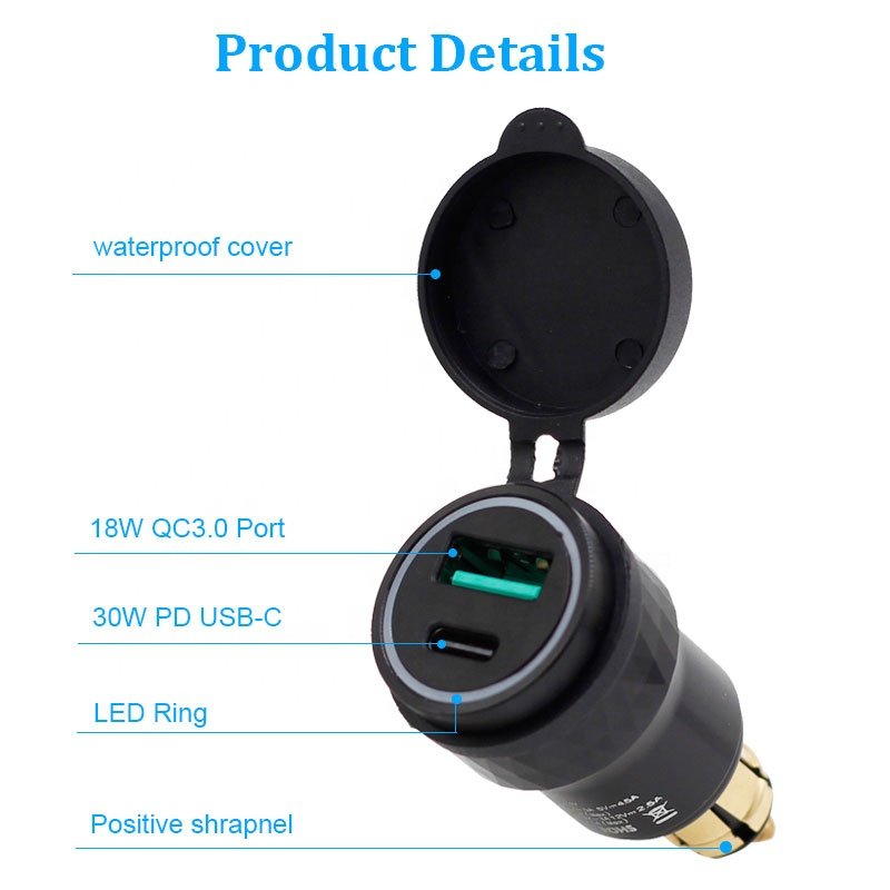 Charger for EU BMW Car Bus Motorcycle Boat 30W Quick Charge 3.0 a Female c Female Car Panel Mount 2 in 1 USB