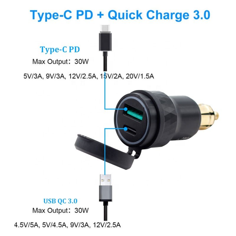 Charger for EU BMW Car Bus Motorcycle Boat 30W Quick Charge 3.0 a Female c Female Car Panel Mount 2 in 1 USB