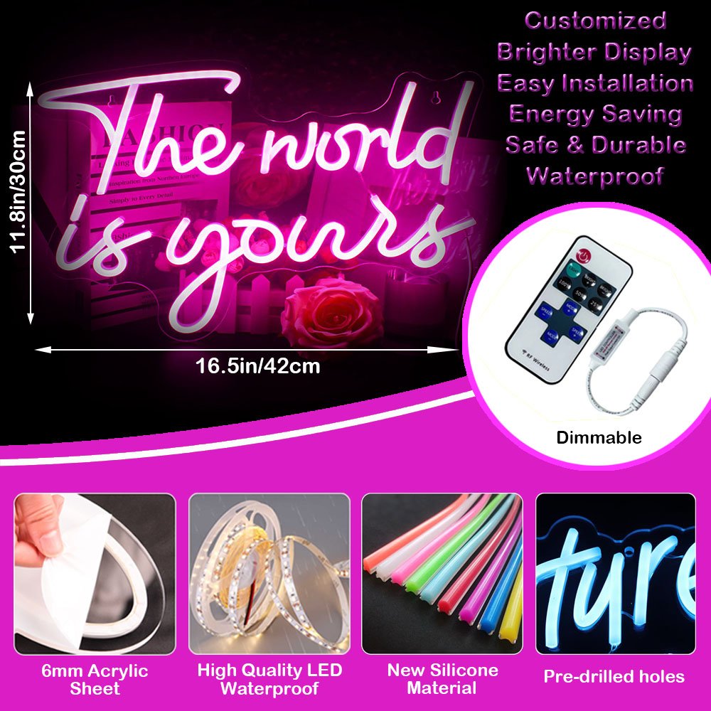 Hot Selling the World Is Yours Neon Sign Solar Powered Outdoor Led Screen for Store Girls Room Wall Hanging up Decoration