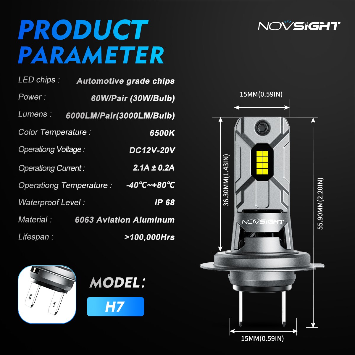 Novsight H7 12000 Lumens Bright Car LED Lights 6500K White LED Headlight H7 Led Headlight for Car Accessories