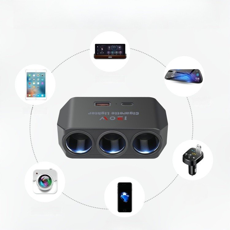 3 Cigarette Lighter Holes Car Power Branch Car Charger With USB Charging Port and Type-c Charging Port Intelligent Fast Charging