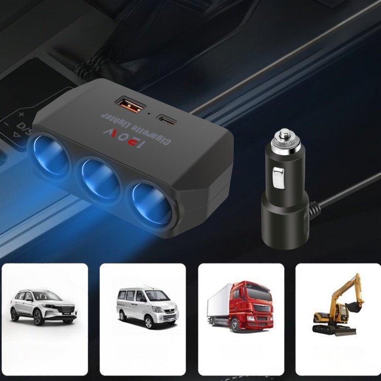 3 Cigarette Lighter Holes Car Power Branch Car Charger With USB Charging Port and Type-c Charging Port Intelligent Fast Charging
