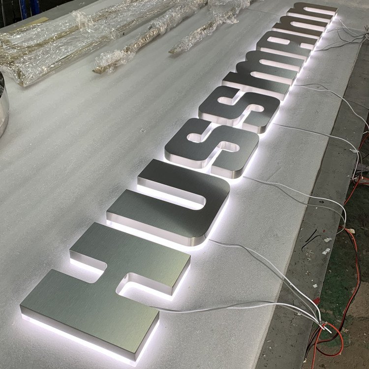 Custom Brushed Chrome logo Sign Silver 3d Acrylic Backlit Sign Mirror Wall Sign Business Illuminated Metal Letter