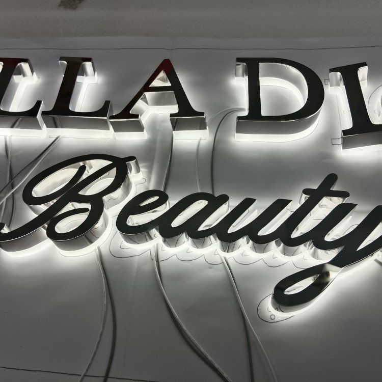 Custom Brushed Chrome logo Sign Silver 3d Acrylic Backlit Sign Mirror Wall Sign Business Illuminated Metal Letter