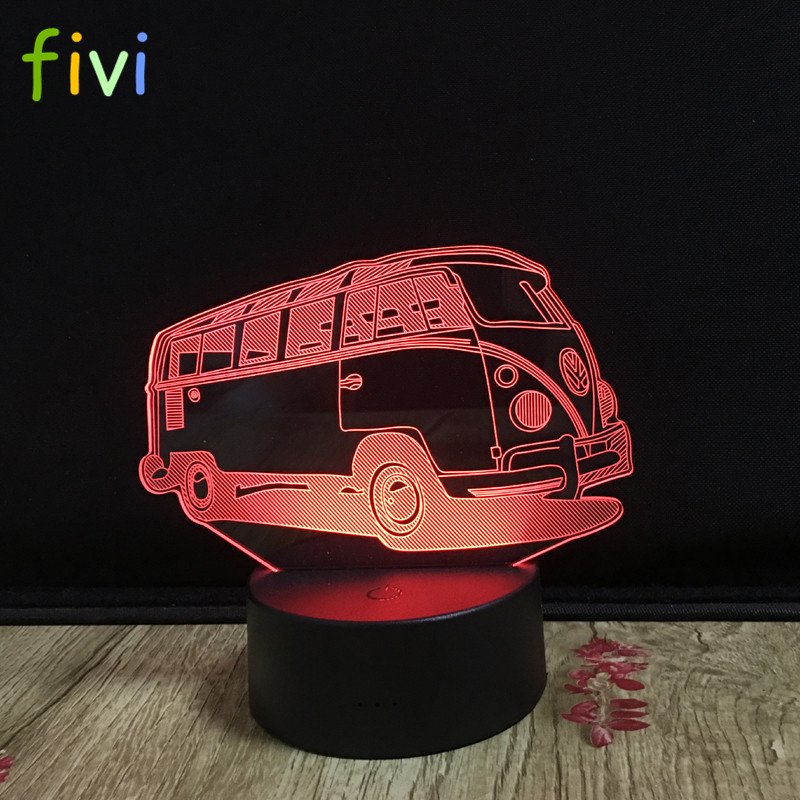 7 Colors 3D Visual Illusion Lamp Camping Bus LED 3D Night Light Transparent Acrylic Led Lamp Table Lamp Baby Sleeping Lighting