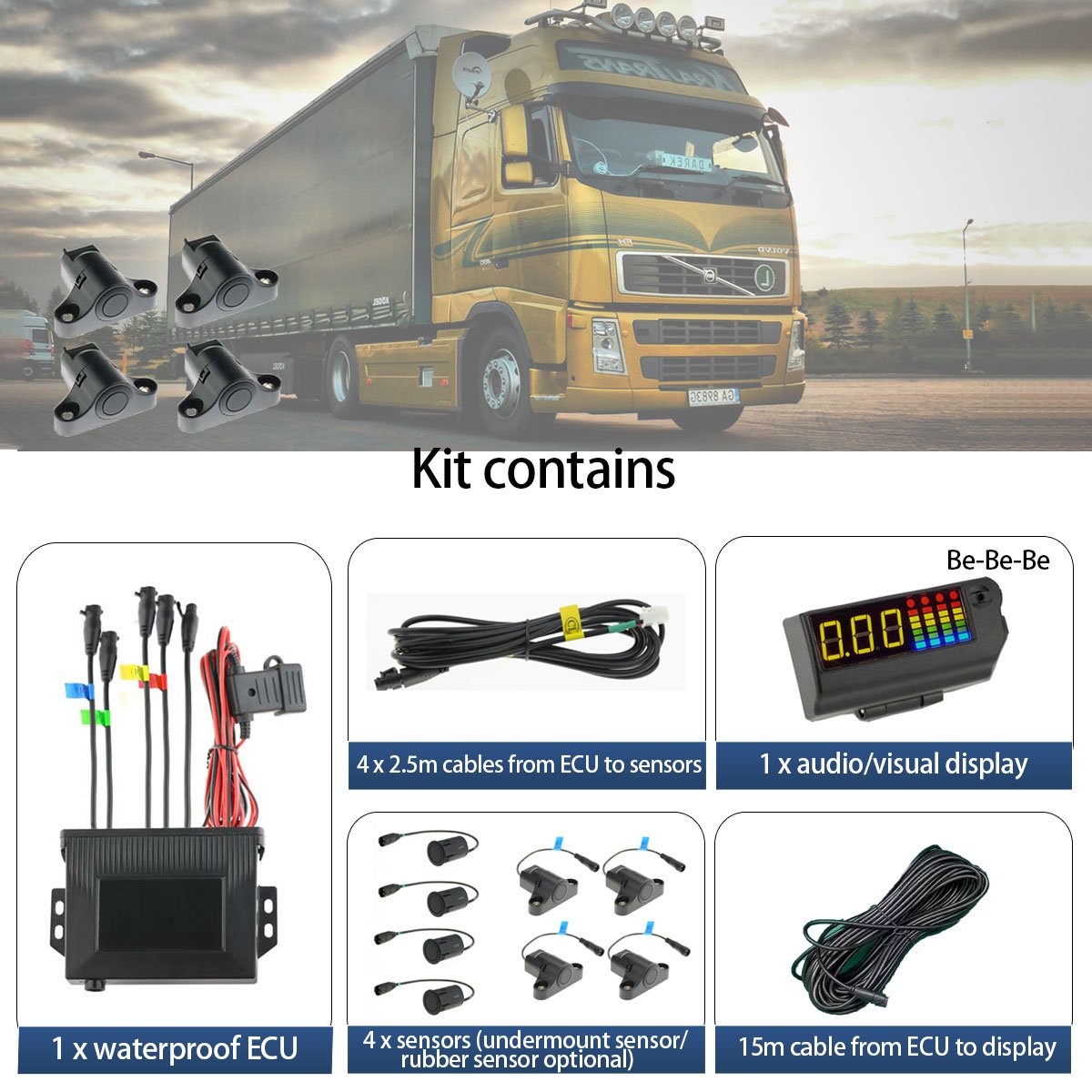 Universial 22mm Front Rear Reversing Aid Car Auto Heavy Truck School Bus Parking Sensor Assist Kit System Parts Accessories
