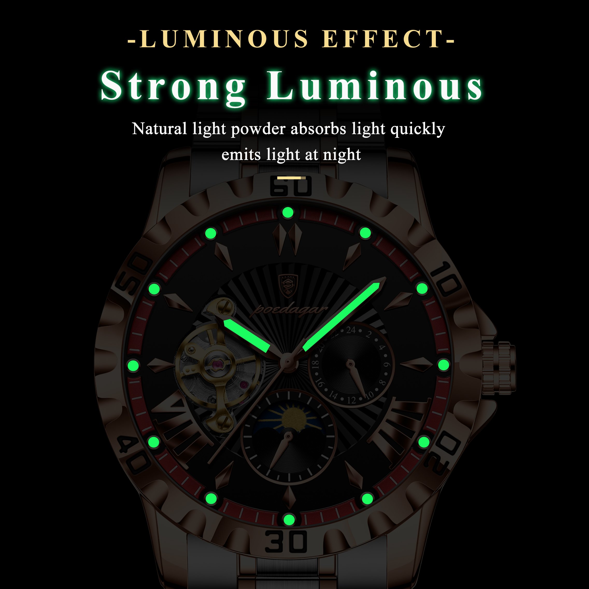 POEDAGAR Tourbillon Automatic Movement Men Watch Stainless Steel Montre Accessories Waterproof Luminous Mechanical Watch