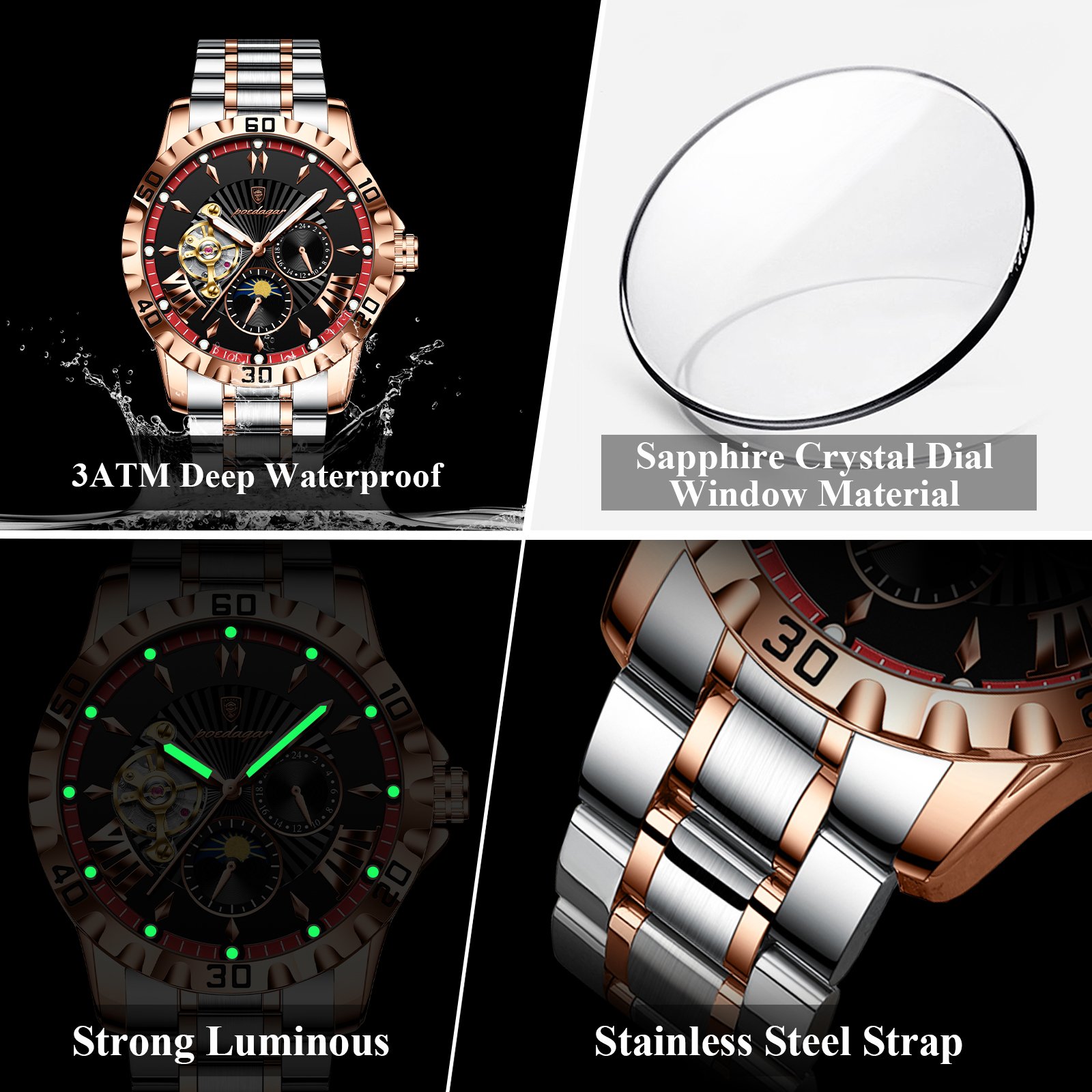 POEDAGAR Tourbillon Automatic Movement Men Watch Stainless Steel Montre Accessories Waterproof Luminous Mechanical Watch