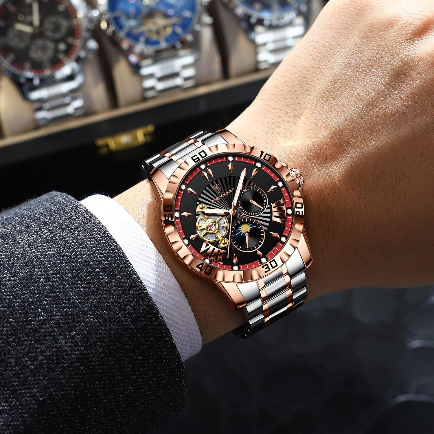 POEDAGAR Tourbillon Automatic Movement Men Watch Stainless Steel Montre Accessories Waterproof Luminous Mechanical Watch