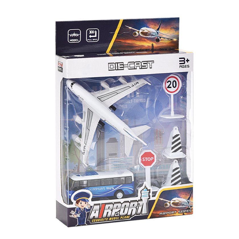Pull Back Airport Toy Set Die Cast Airplane with Metal Bus and Accessories