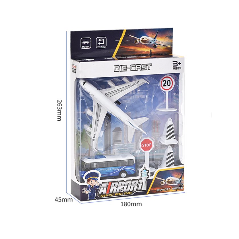 Pull Back Airport Toy Set Die Cast Airplane with Metal Bus and Accessories