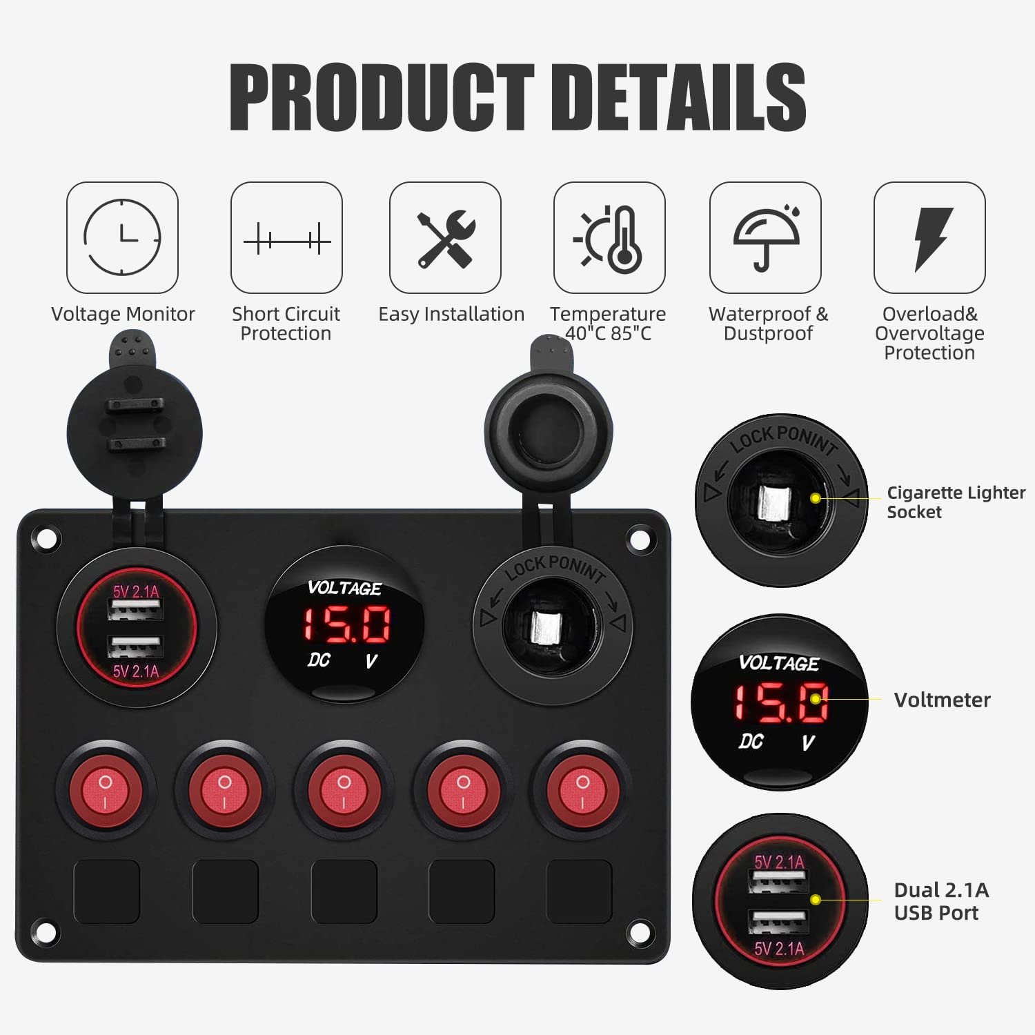 5 Gang Marine Boat Rocker Switch Panel Waterproof with Breakers Digital Voltmeter 12V DC Car Control Panel Switch for RV Truck