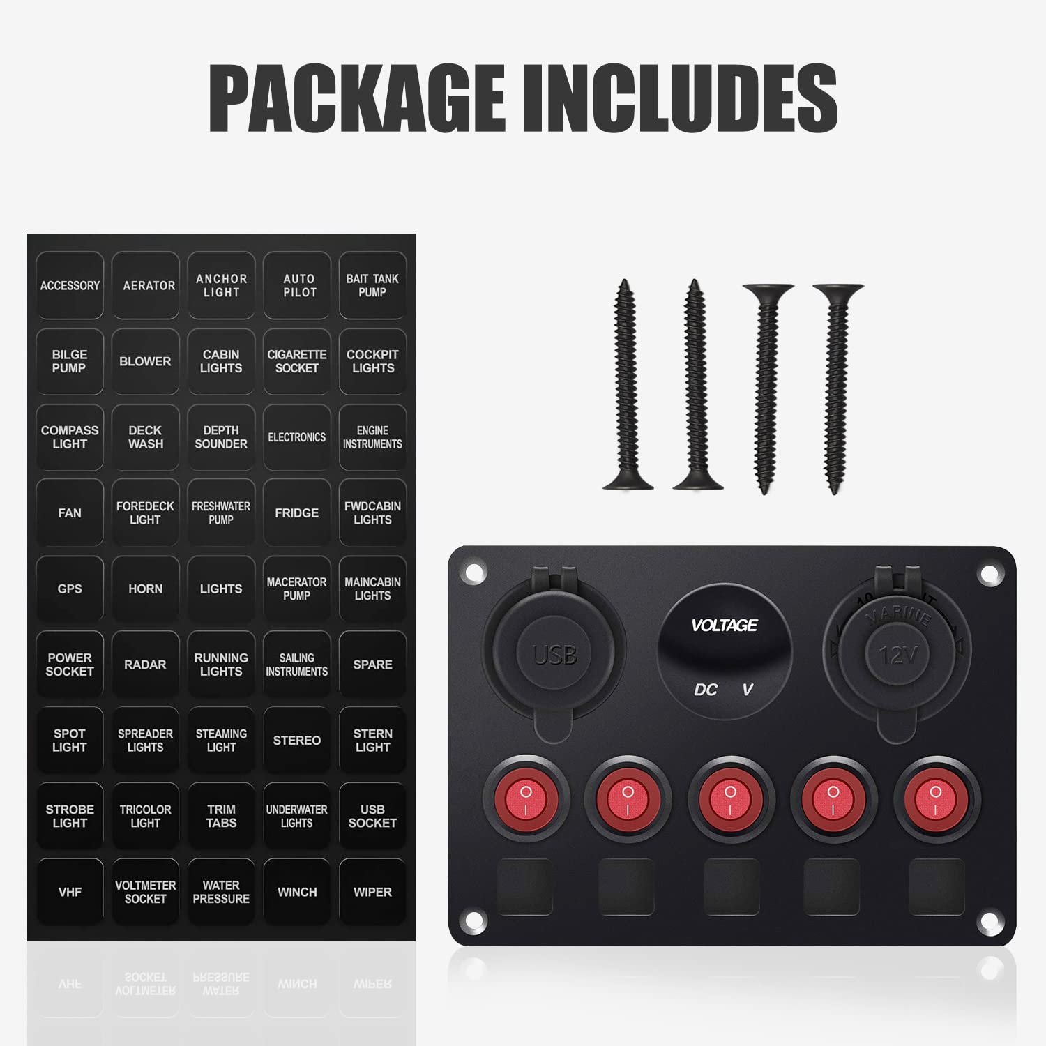 5 Gang Marine Boat Rocker Switch Panel Waterproof with Breakers Digital Voltmeter 12V DC Car Control Panel Switch for RV Truck