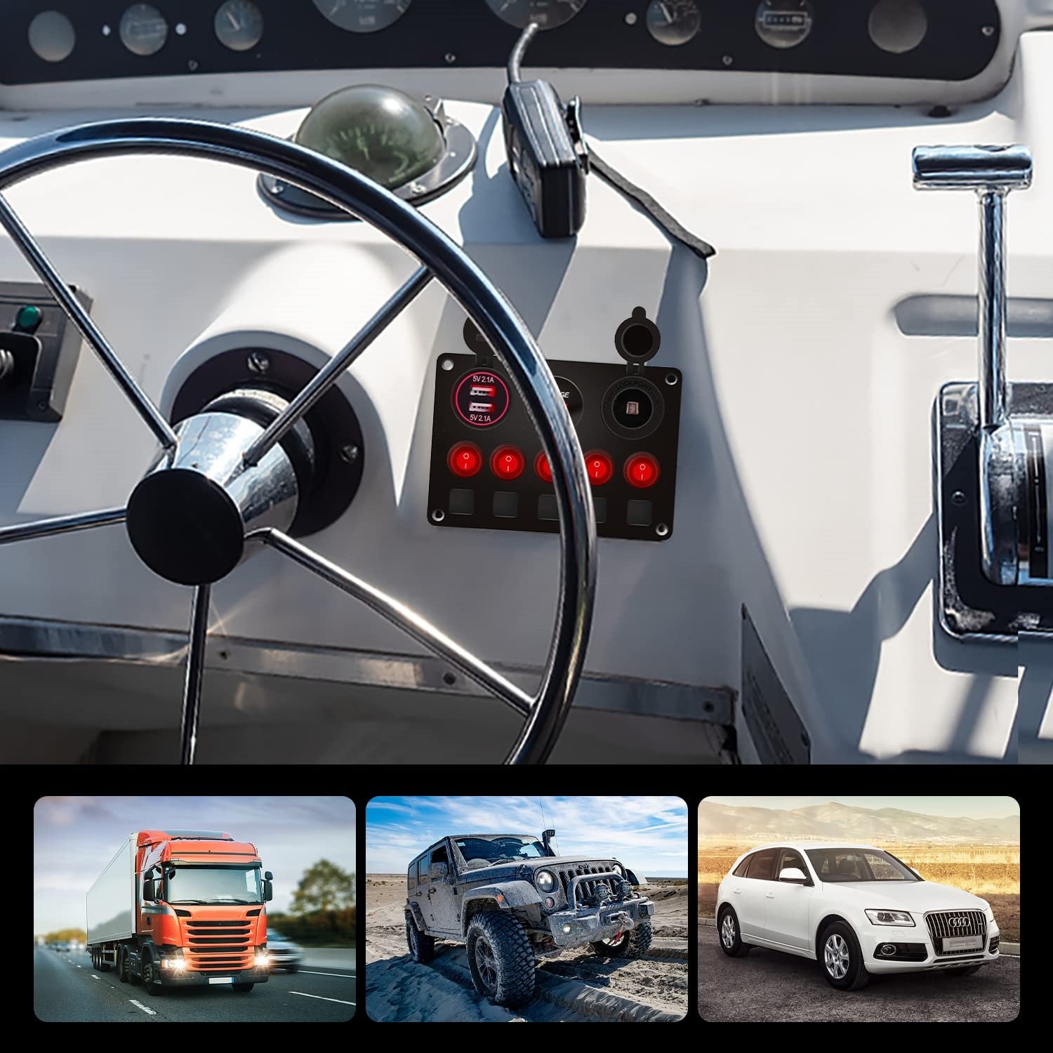 5 Gang Marine Boat Rocker Switch Panel Waterproof with Breakers Digital Voltmeter 12V DC Car Control Panel Switch for RV Truck
