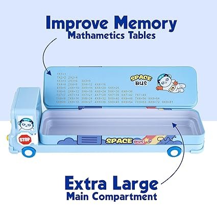Space School Bus Metal Pencil Box with Wheels and Sharpener Educational Toy for 5 to 7 Years Old