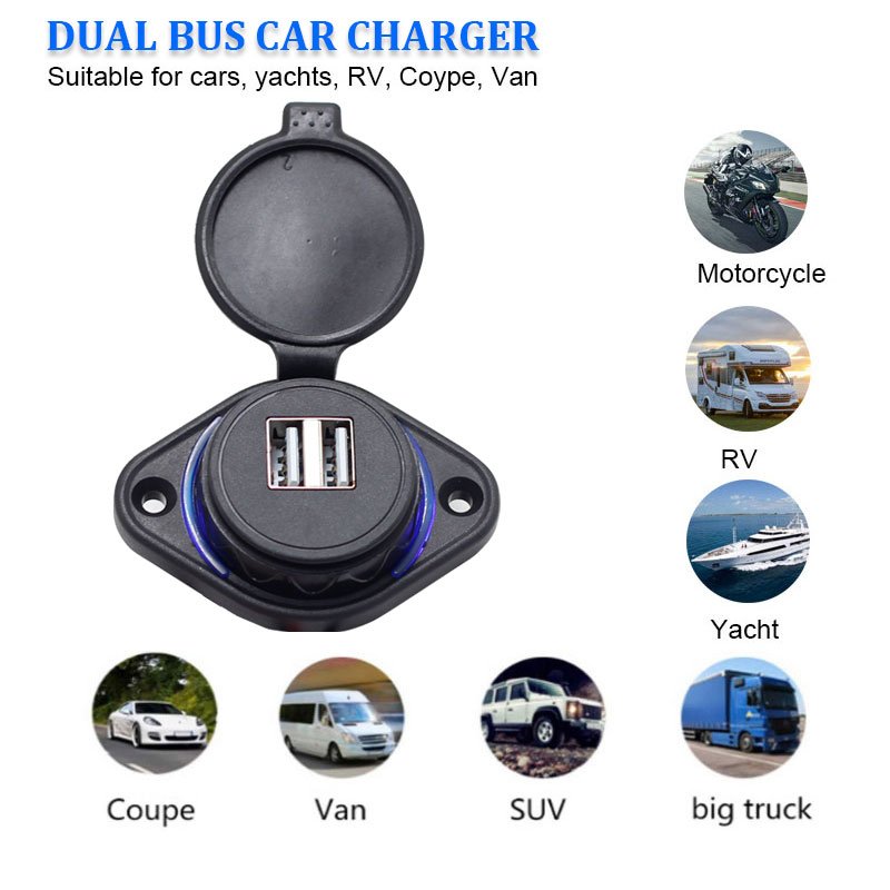 12v Car Charger Socket 2 Usb Port in Bus Boat for Cell Phone Usb 3.1A Car Charging Dual Ports With Led Light Rings