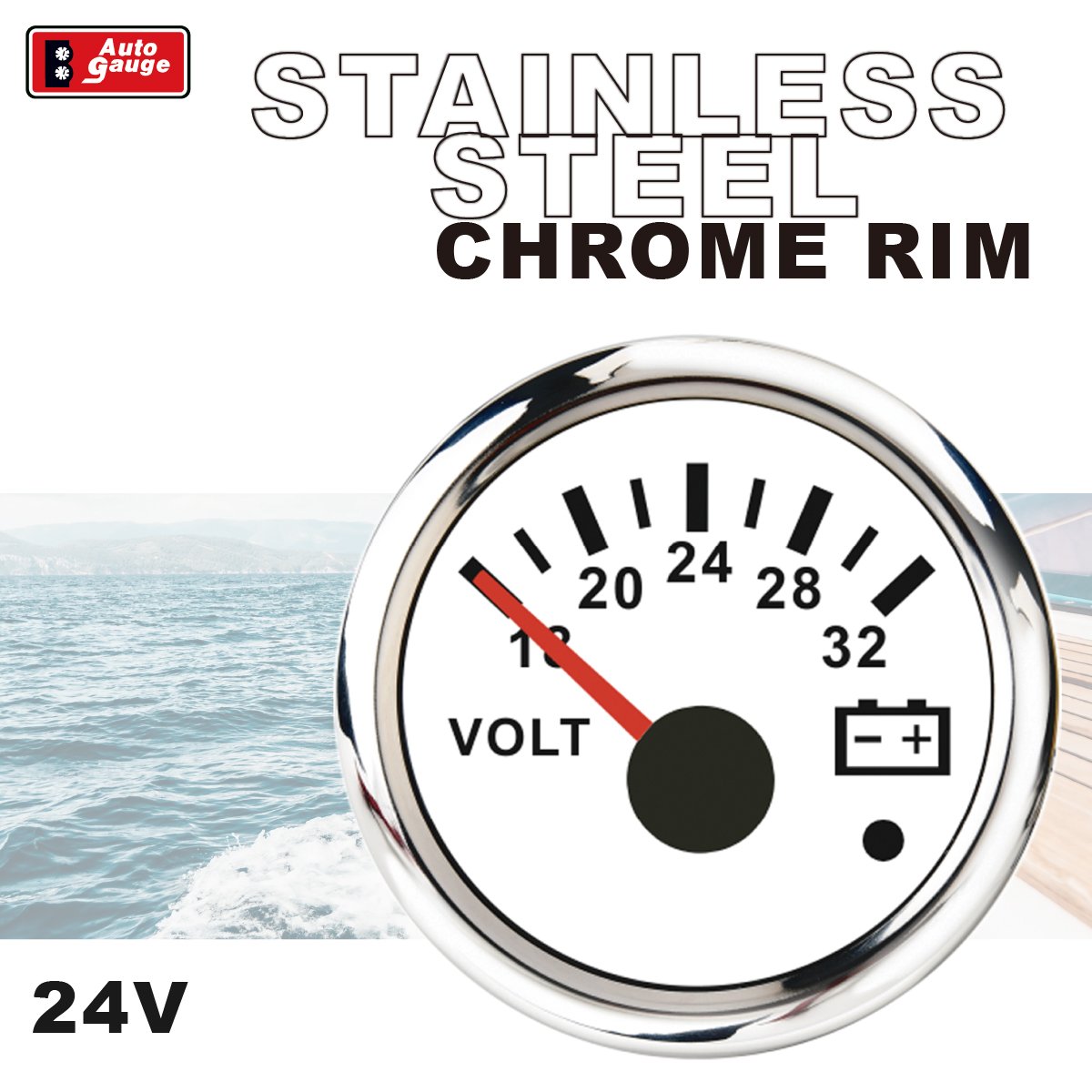 52mm 2inch Electrical Auto Gauge Needle Warning Light White Faceplate Volt Gauge 24V for Marine Heavy Truck Bus Car Generator