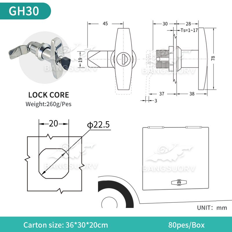 BSS422-2-2 Garage Door Lock Kit T Handle Latch With Keys for Rv caravan / Lock /RV LOCK