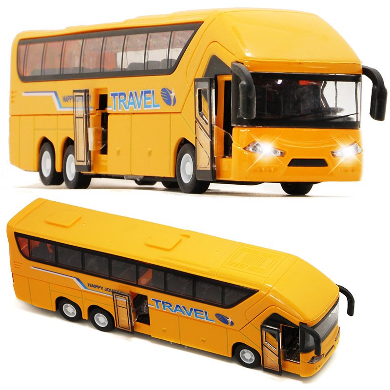 Diecast Alloy Model Car Sightseeing Bus Alloy Car Model with Sound and Light Pullback with ATV Decorate Metal Model