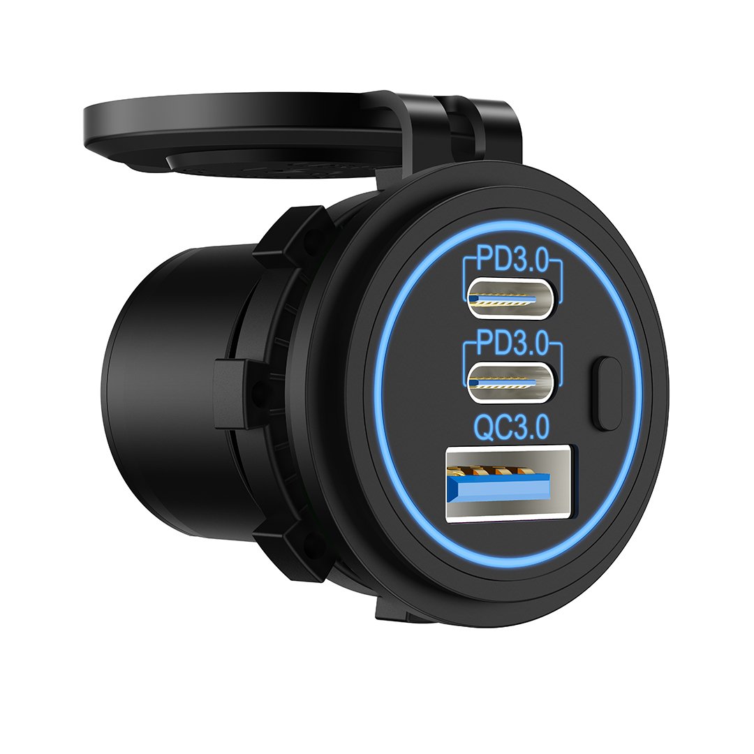 Custom Embedded Two Type C Pd and One Usb Qc 12V 24V Usb Mobile Chargers Charger Outlet Socket for Bus Coach Electric Scooter