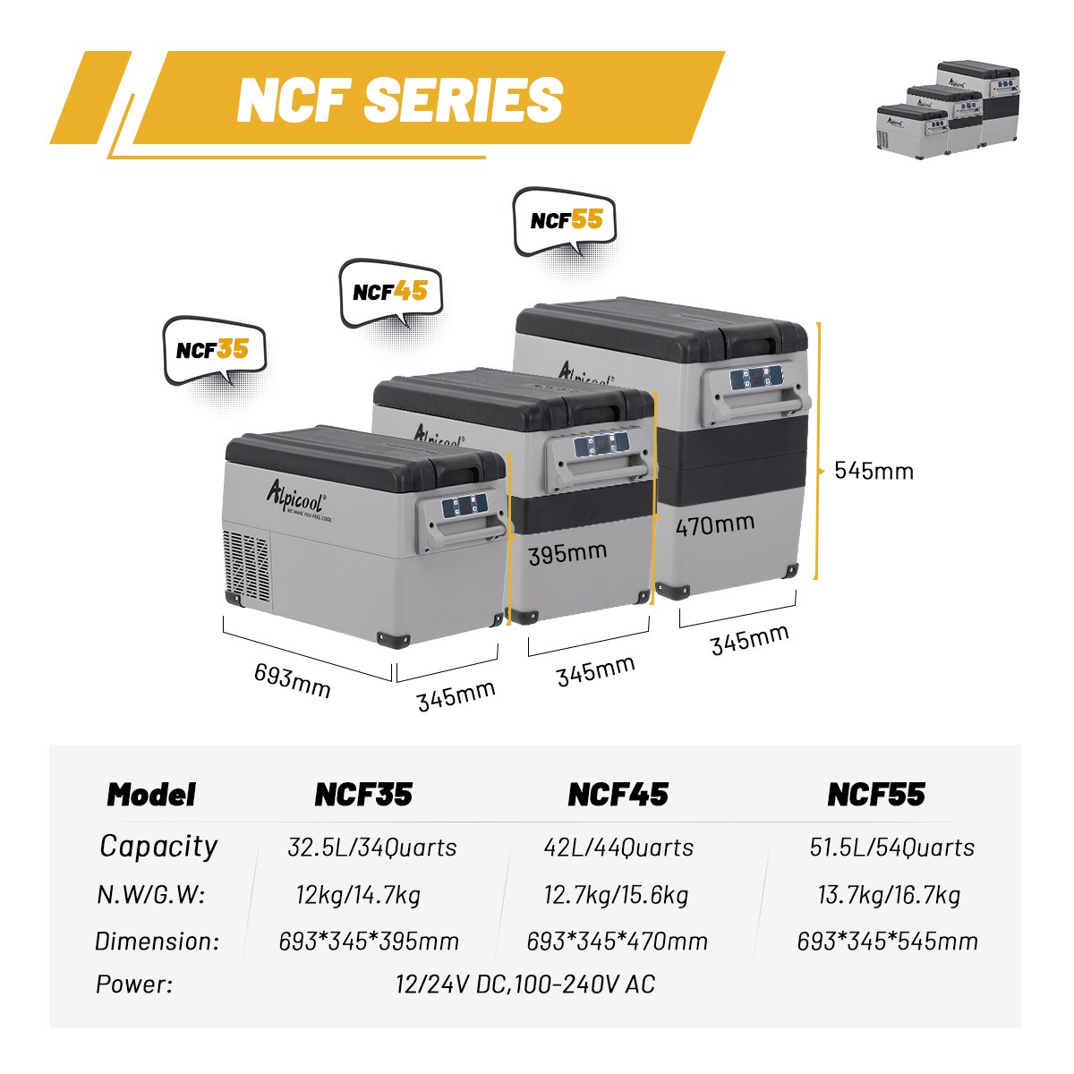 NCF45 Portable Car Refrigerator Compressor Fridge Freezer for Picnic With Coaster Built-in LED Light Door Chain Drainage Hole