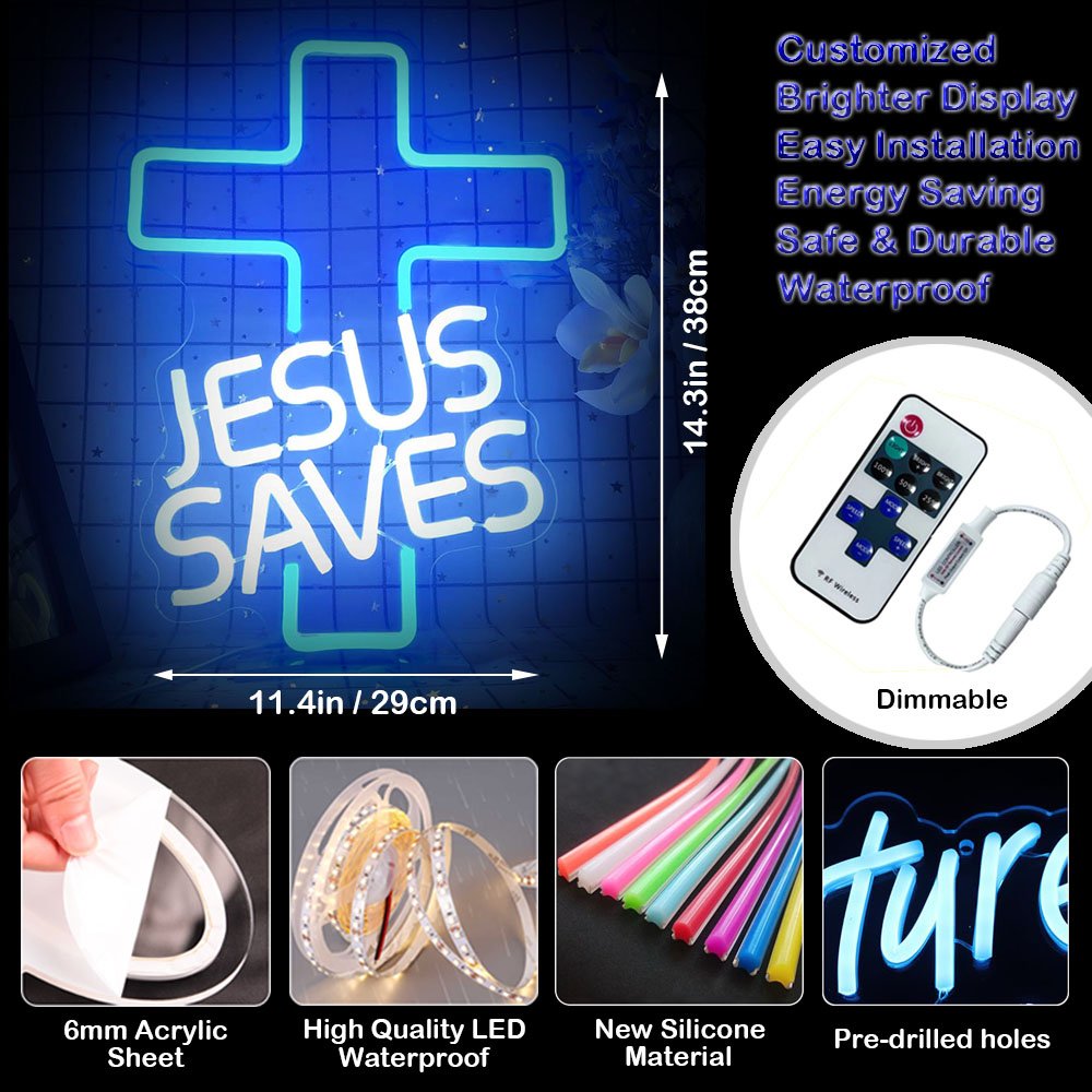 Personalized Waterproof Neon Signs JESUS SAVES Neon Light Dimmable for Bedroom Living Room Wedding Church Pray Decor