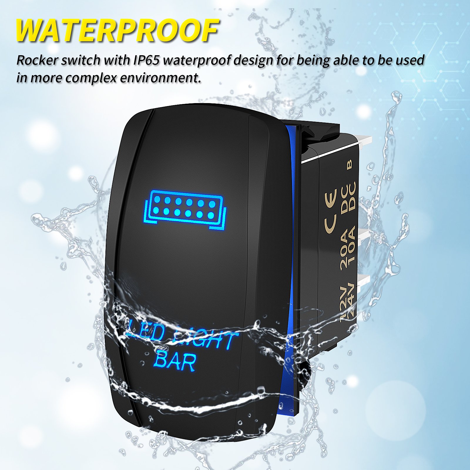 IP65 Waterproof Rocker Switch Dual LED Auto Switch 20A 12VDC 10A 24VDC; SPST 5PIN ON-OFF Blue LED Light Bar 5PIN Rocker Switch
