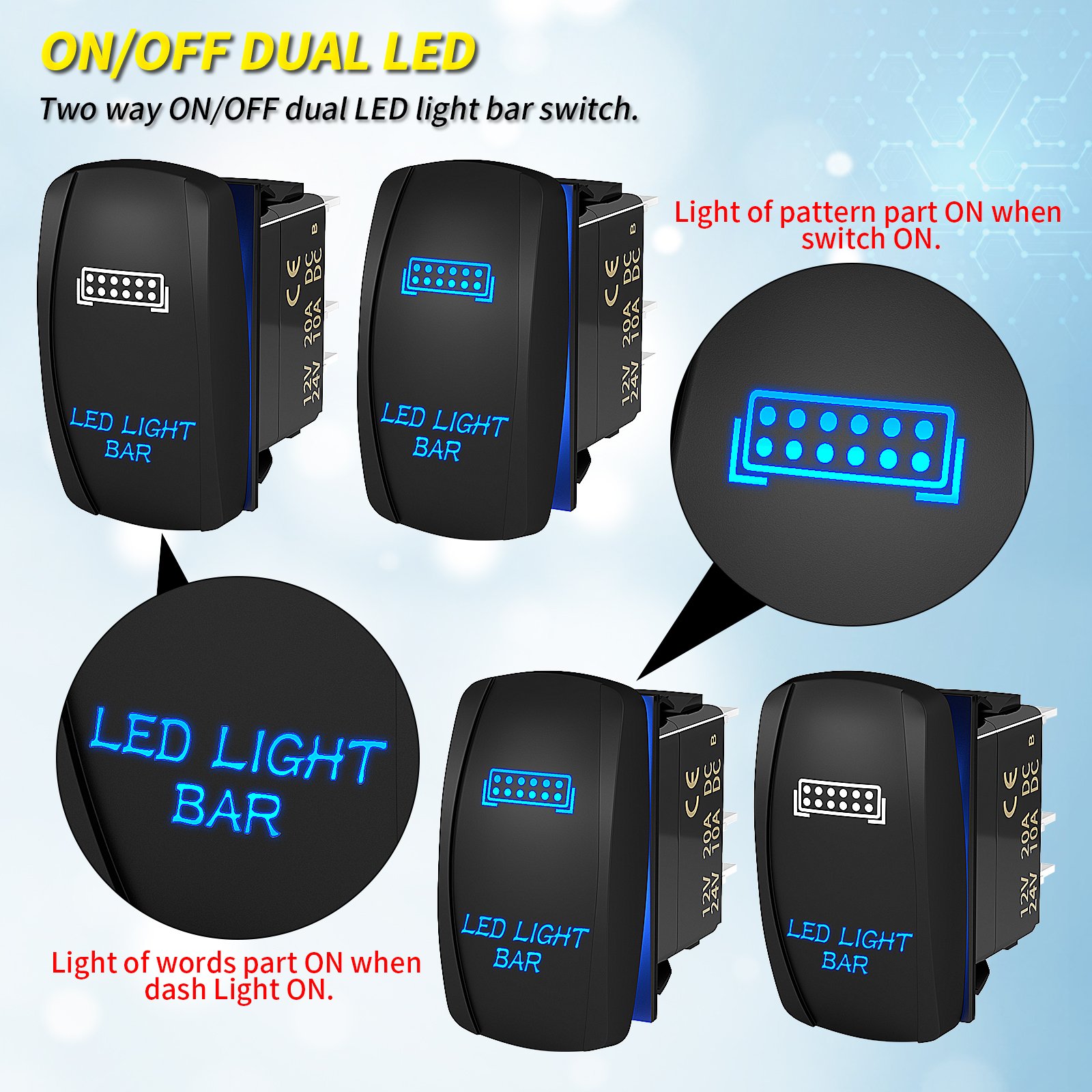 IP65 Waterproof Rocker Switch Dual LED Auto Switch 20A 12VDC 10A 24VDC; SPST 5PIN ON-OFF Blue LED Light Bar 5PIN Rocker Switch
