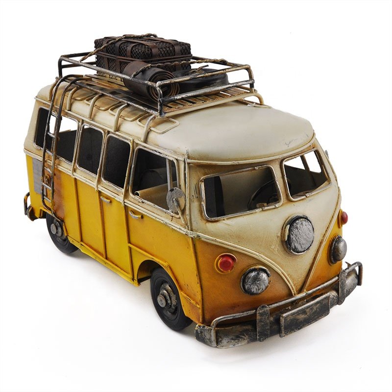 Retro Yellow Bus Model Handmade Metal Creative Home Accessories Children Photography Iron Ornaments Vintage Souvenirs Bus